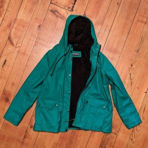 Green Vinyl Rain Jacket with Fur Lining